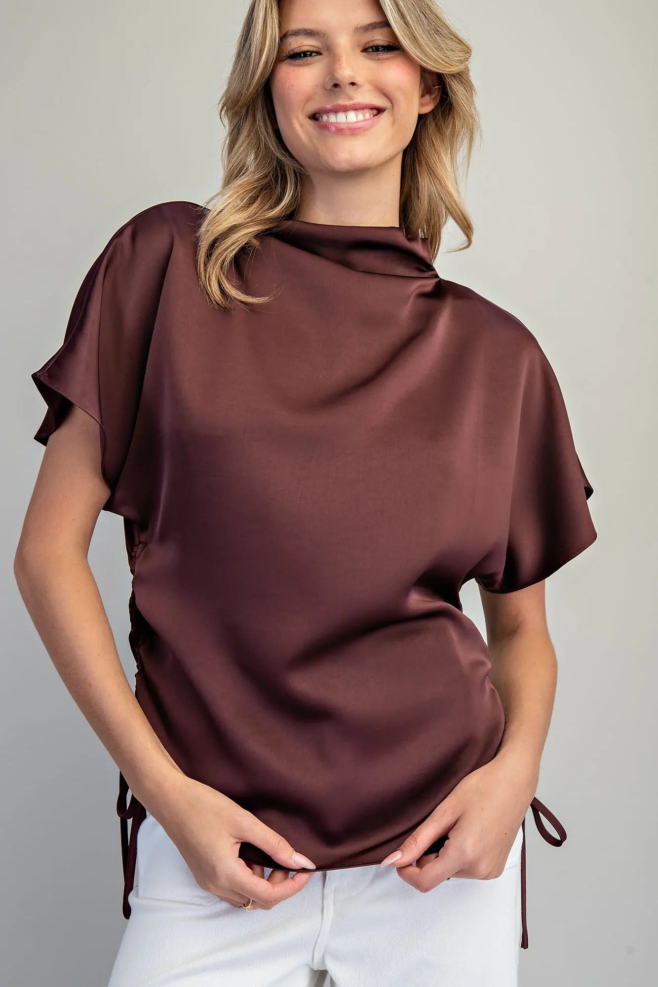 Ruched Side Tie Dolman Sleeve Blouse