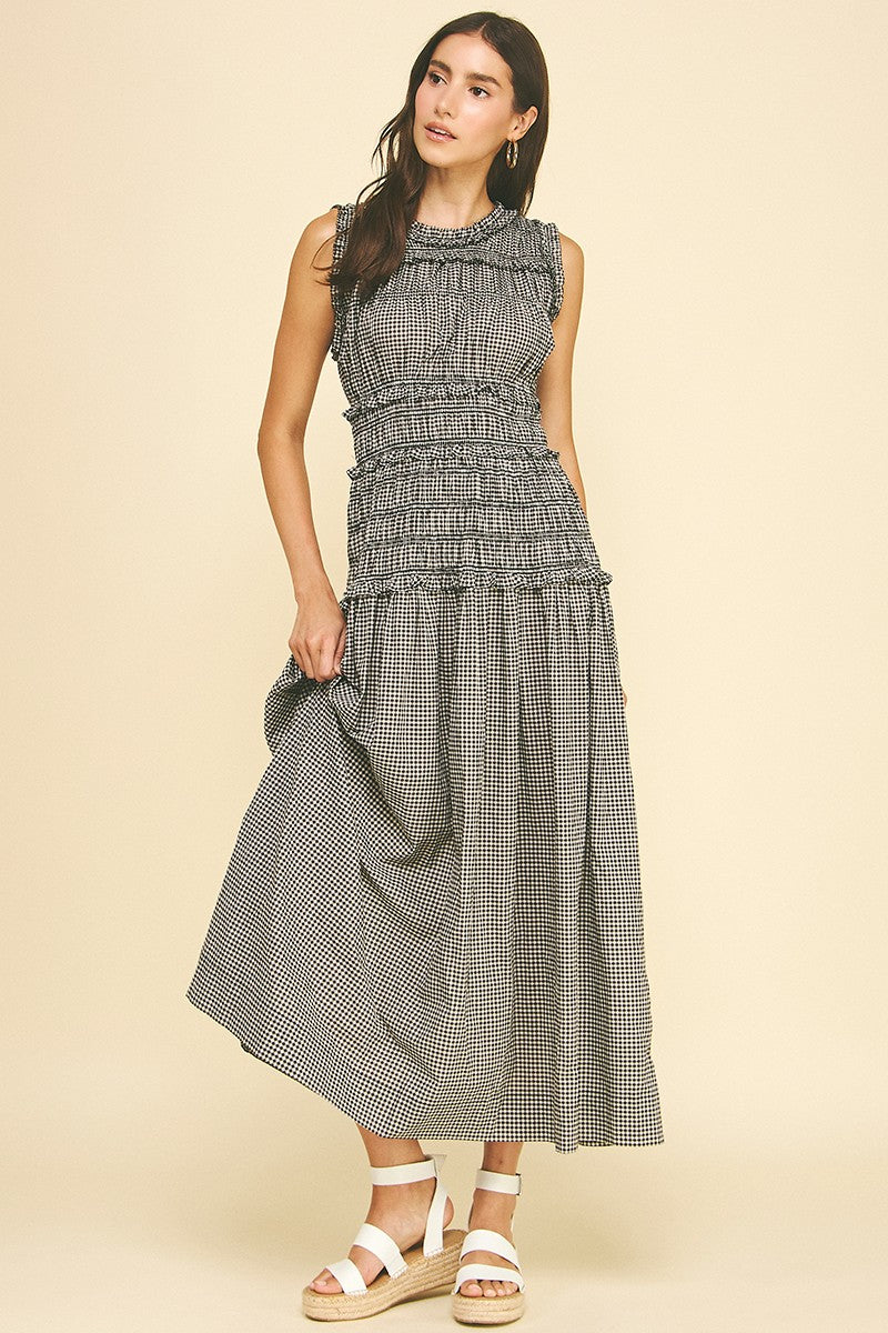 Gingham Shirring Detailed Maxi Dress