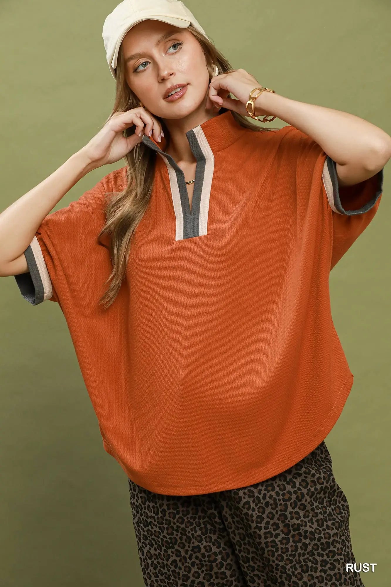 Contrast Trim Collared Short Sleeve Knit Top