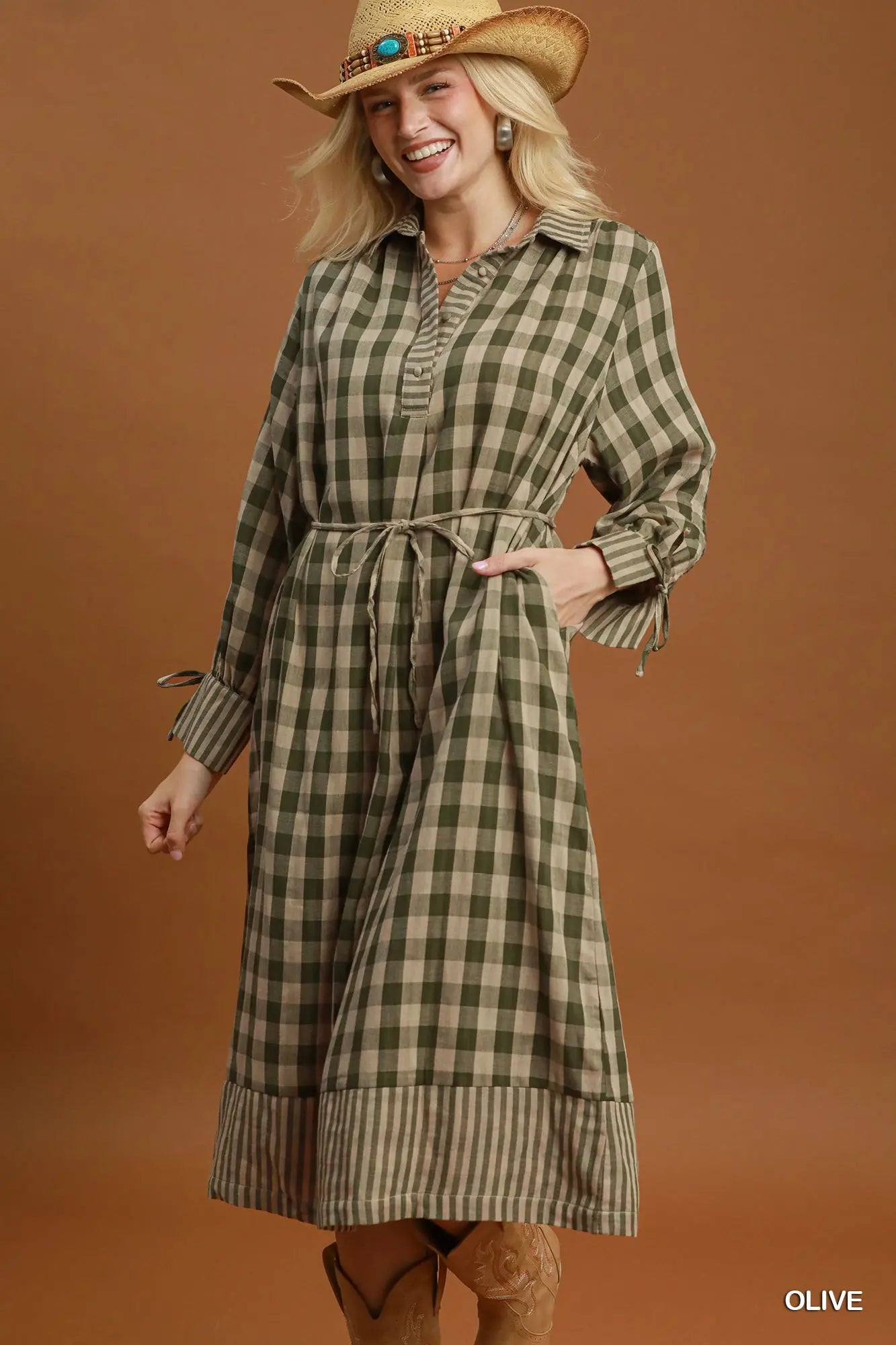 Plaid Mixed Print Belted Midi Dress