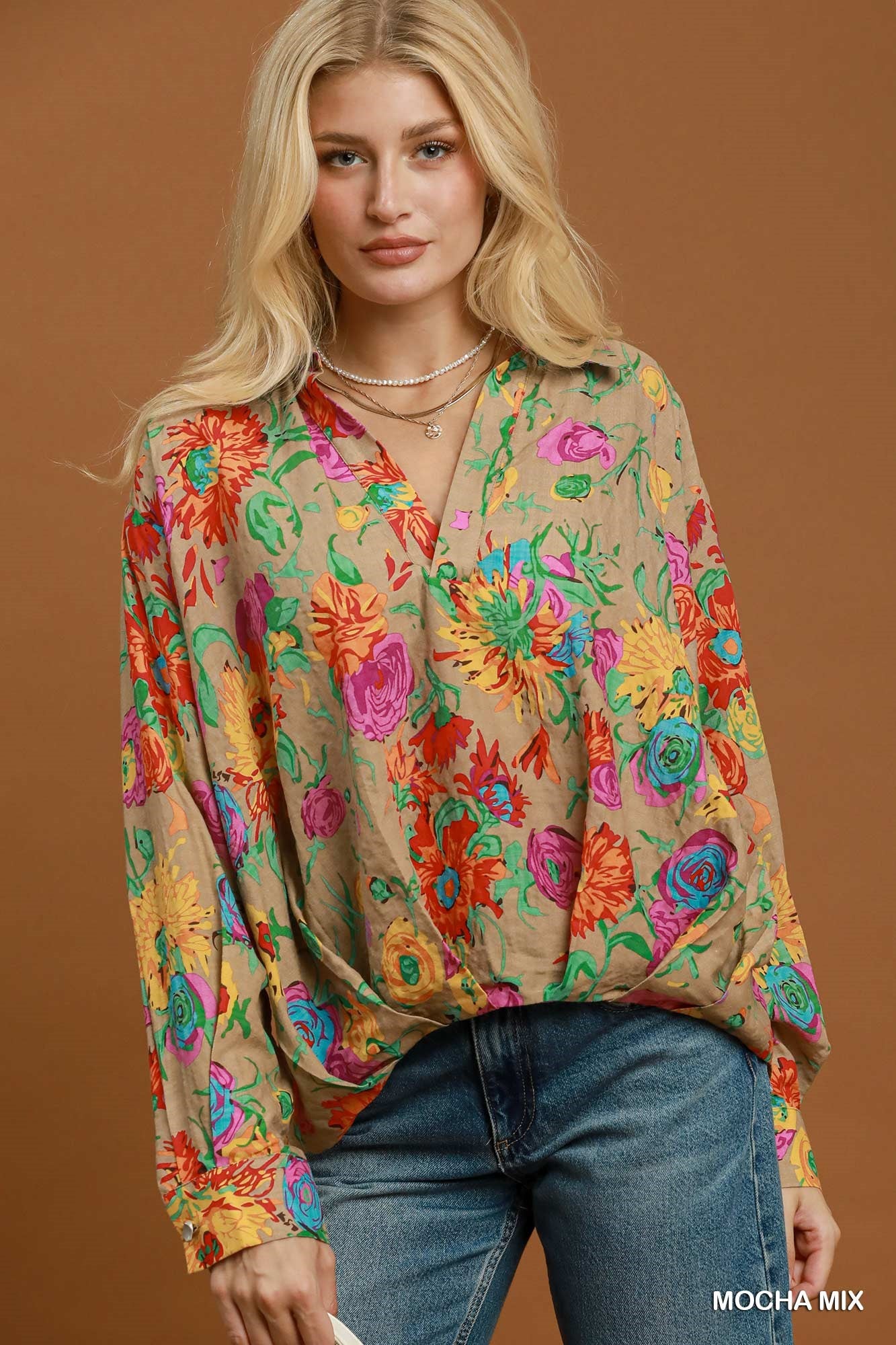 Floral Print Surplice Long Sleeve Blouse