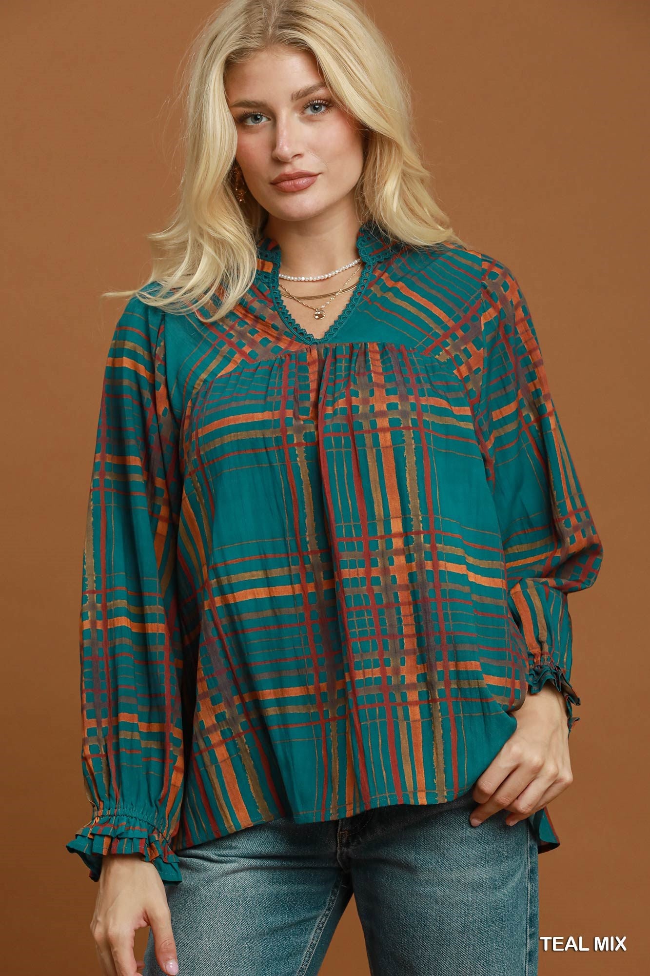 Abstract Plaid Print Lace Trim Peasant Blouse