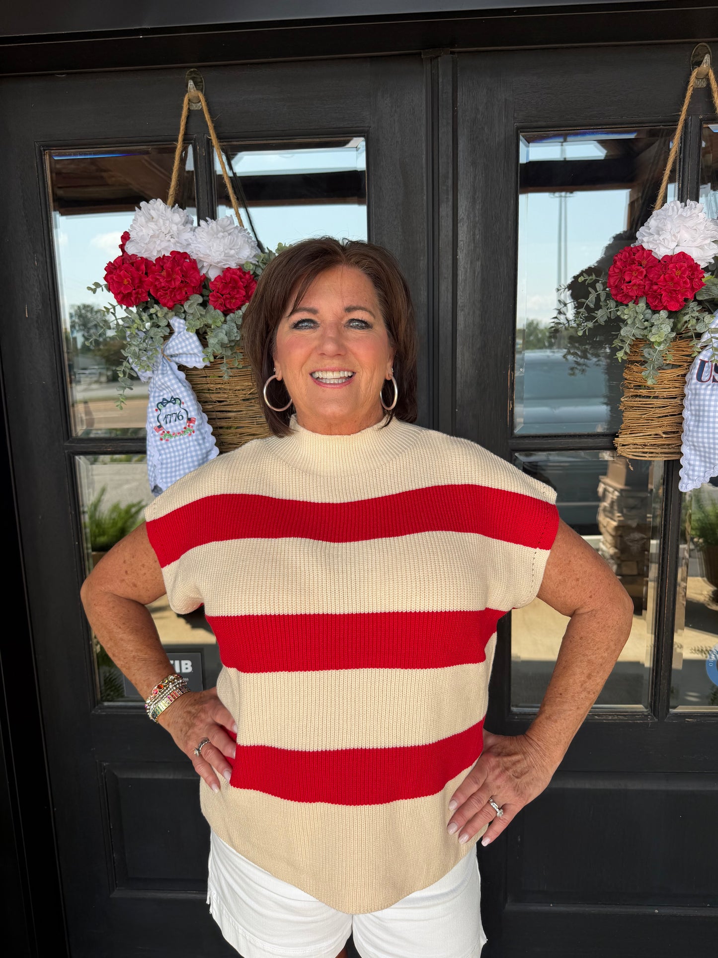 Red Striped Print Slay Sleeves Knit Top