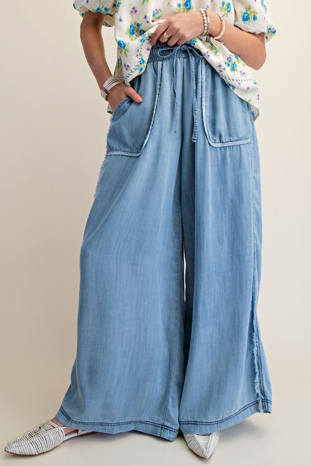WASHED CHAMBRAY PALAZZO PANTS