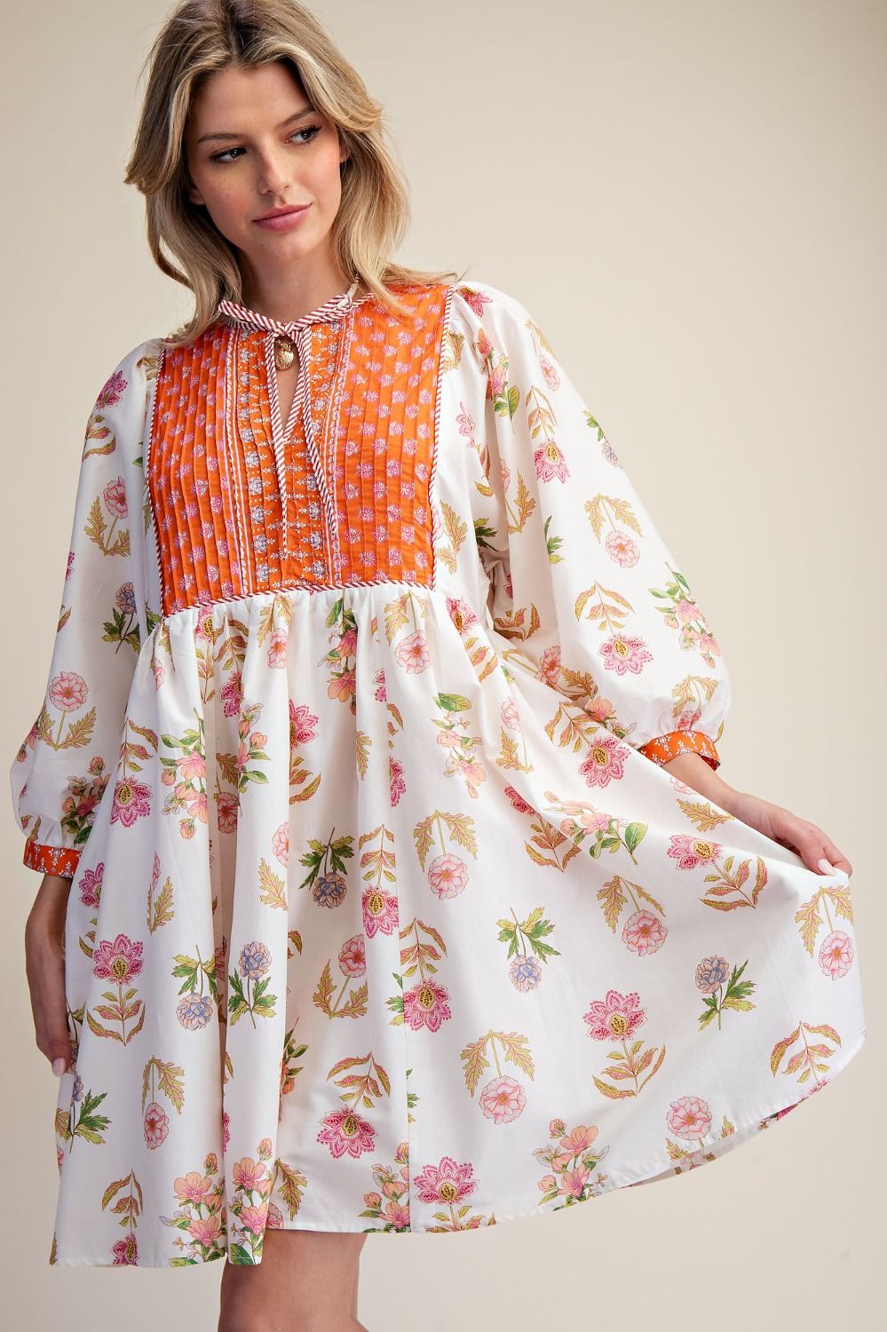 3/4 SLVS PRINTED POPLIN DRESS