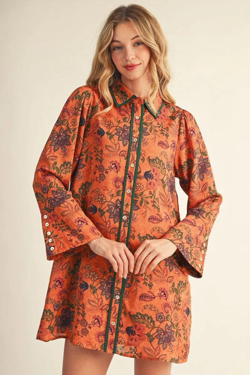 Long Bell Sleeve Boho Floral Dress Orange