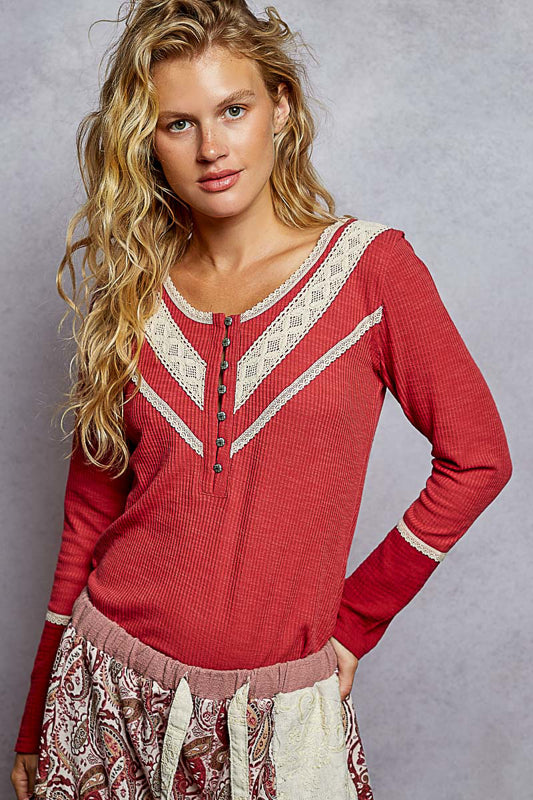 Ribbed Half Button Lace Detail Knit Top