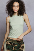 Apple Green Round Neck Cropped Tank with Lace Trim