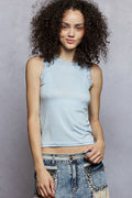 Sky Blue Round Neck Cropped Tank with Lace Trim