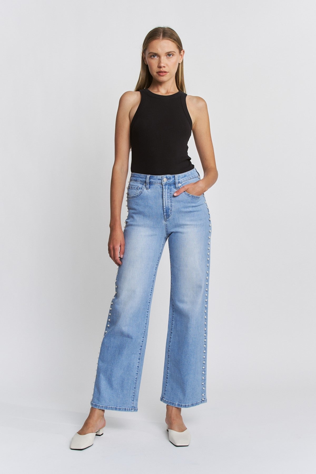 High Rise Wide Leg Pearl Embellishment