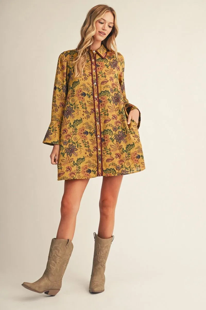Jodifl Long Bell Sleeve Boho Floral Dress