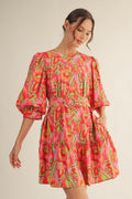Button Down Geo Floral Dress W/belt