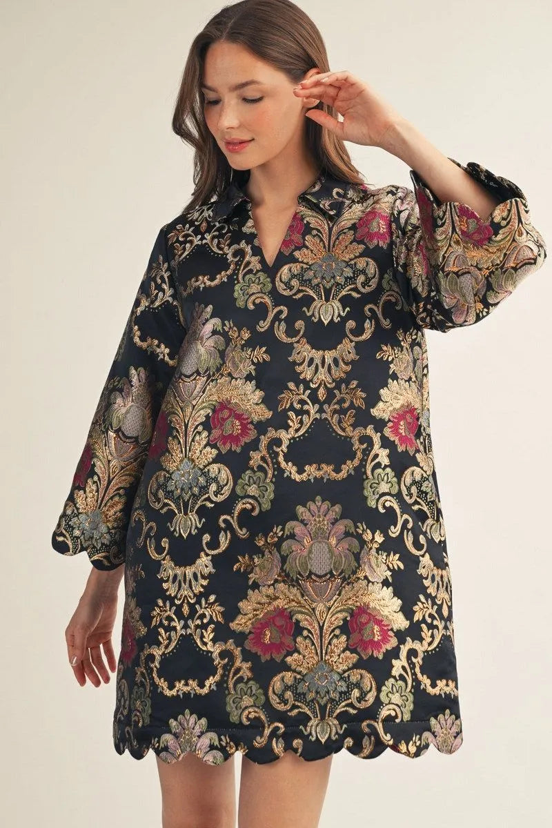 Baroque jacquard dress with scallop edge