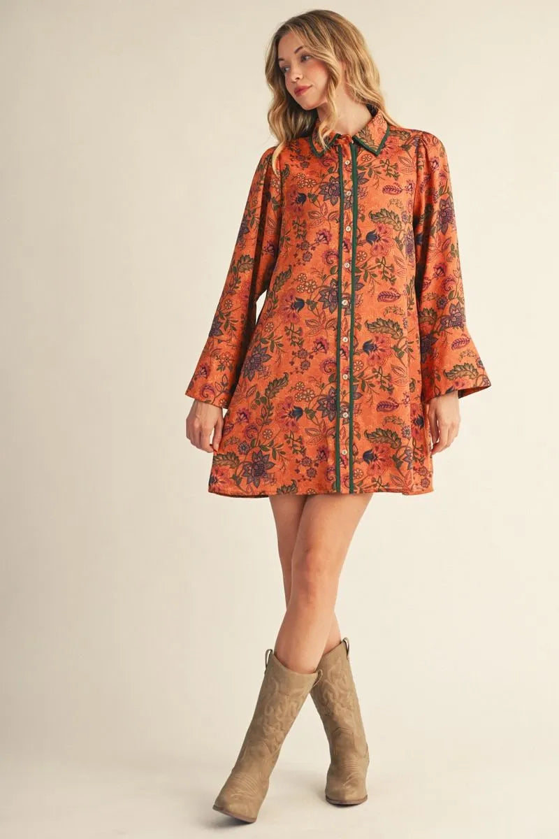 Long Bell Sleeve Boho Floral Dress Orange