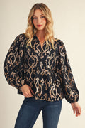 Geo Pattern Tiny Leaf Foil Print Blouse