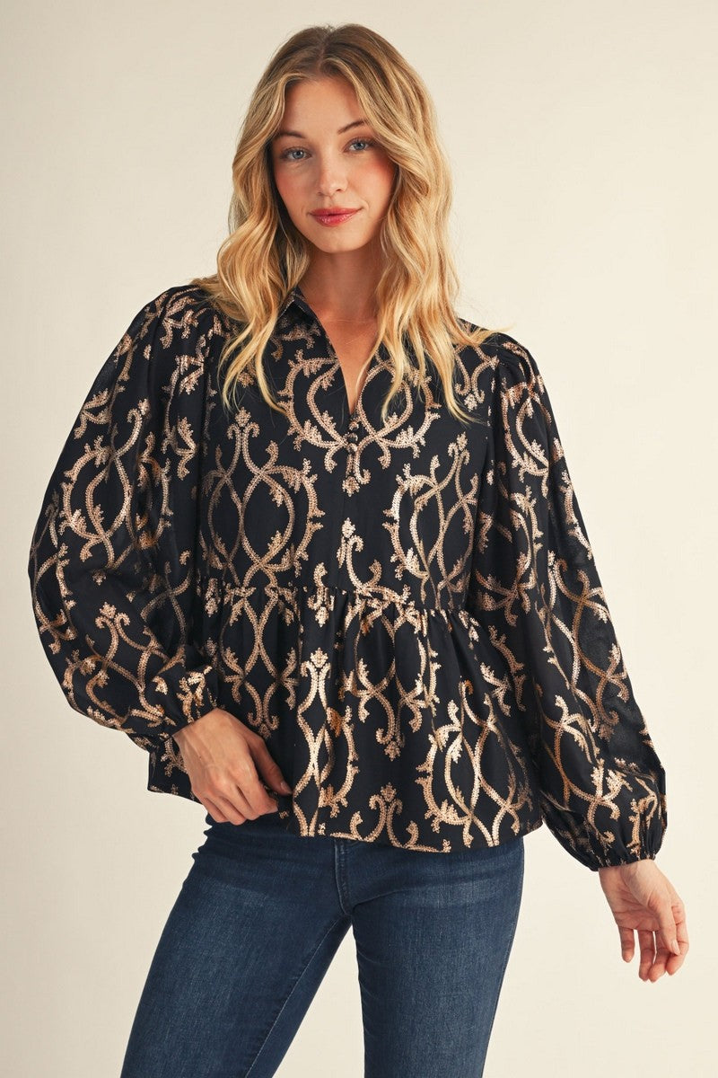Geo Pattern Tiny Leaf Foil Print Blouse
