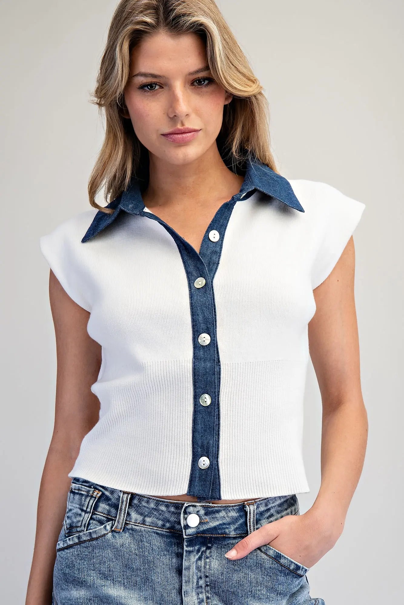 Denim Contrast Cap Sleeve Top