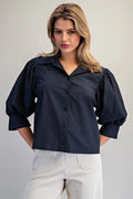 Solid Puff Sleeve Button Down Shirt