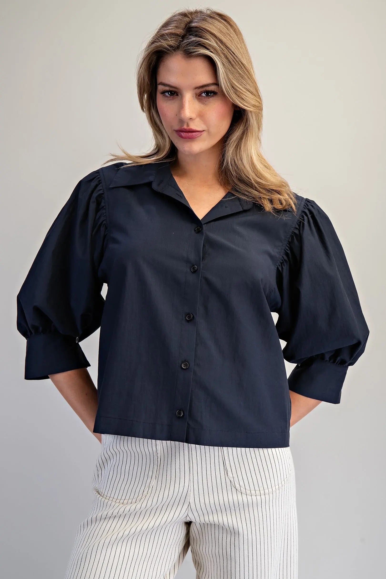 Solid Puff Sleeve Button Down Shirt