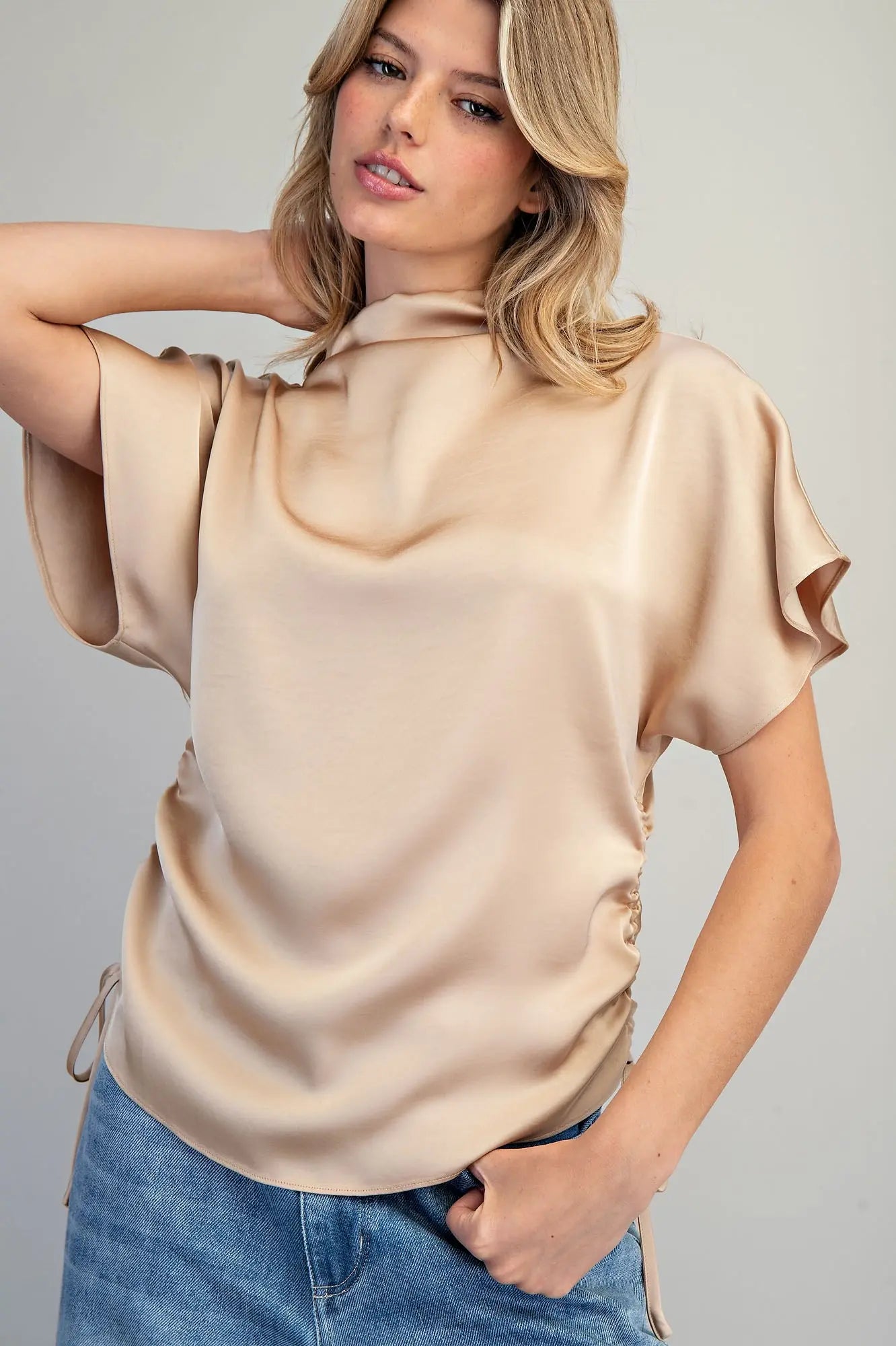 Ruched Side Tie Dolman Sleeve Blouse