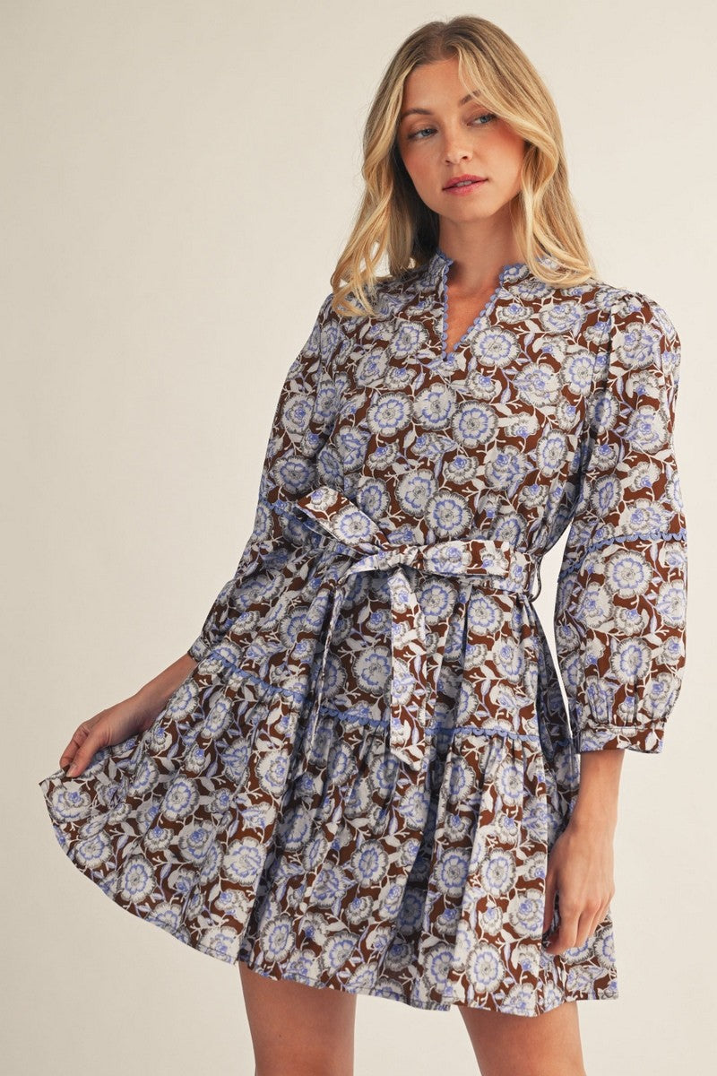 Scallop Trim Accent Waist Tie Floral Dress