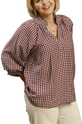 Plus Gingham Check Puff Sleeve Blouse