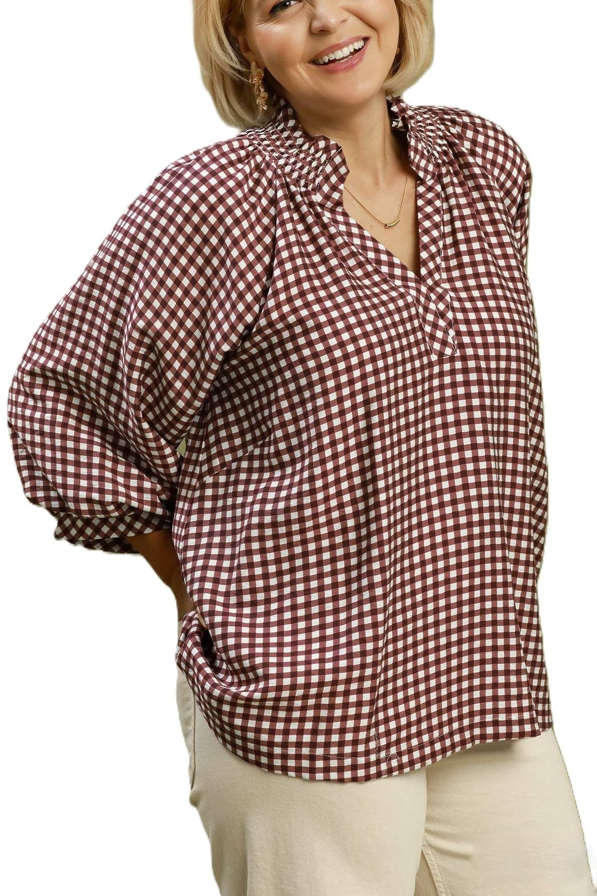 Plus Gingham Check Puff Sleeve Blouse