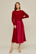 Red Satin Midi dress & Cable Knit Sweater