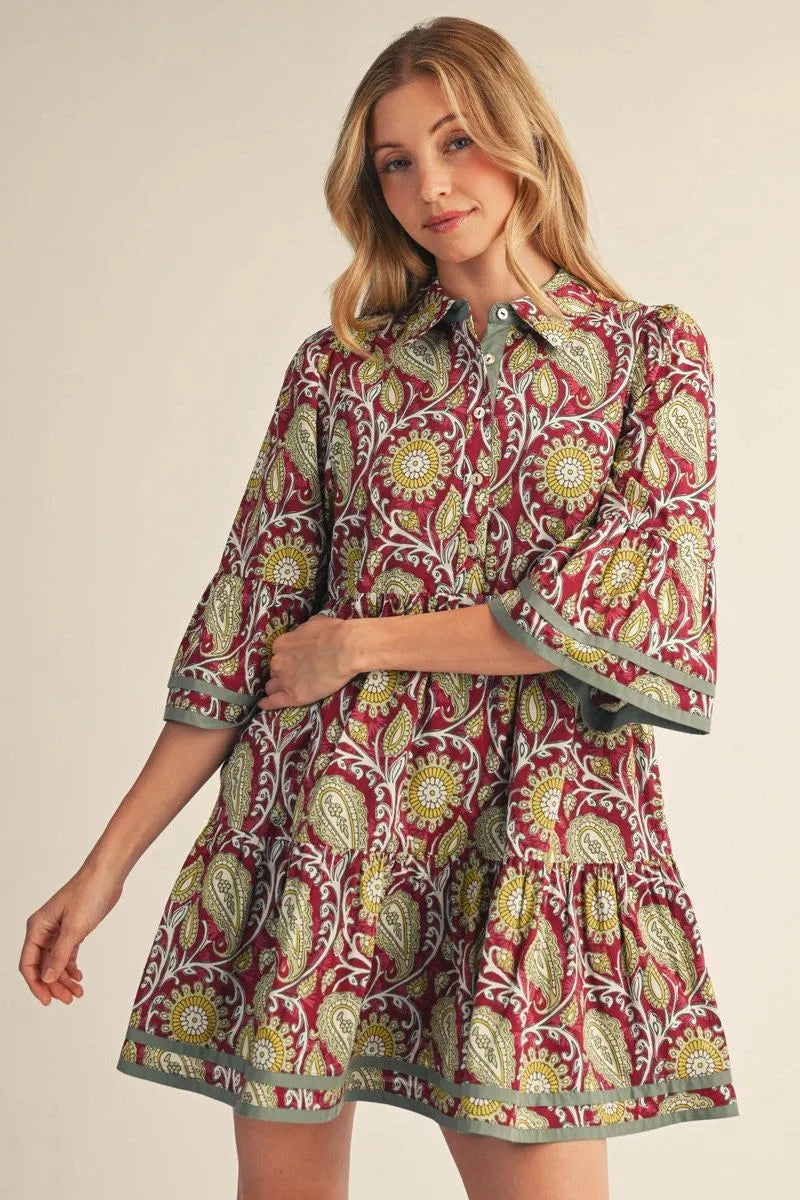 3/4 bell sleeve paisley dress