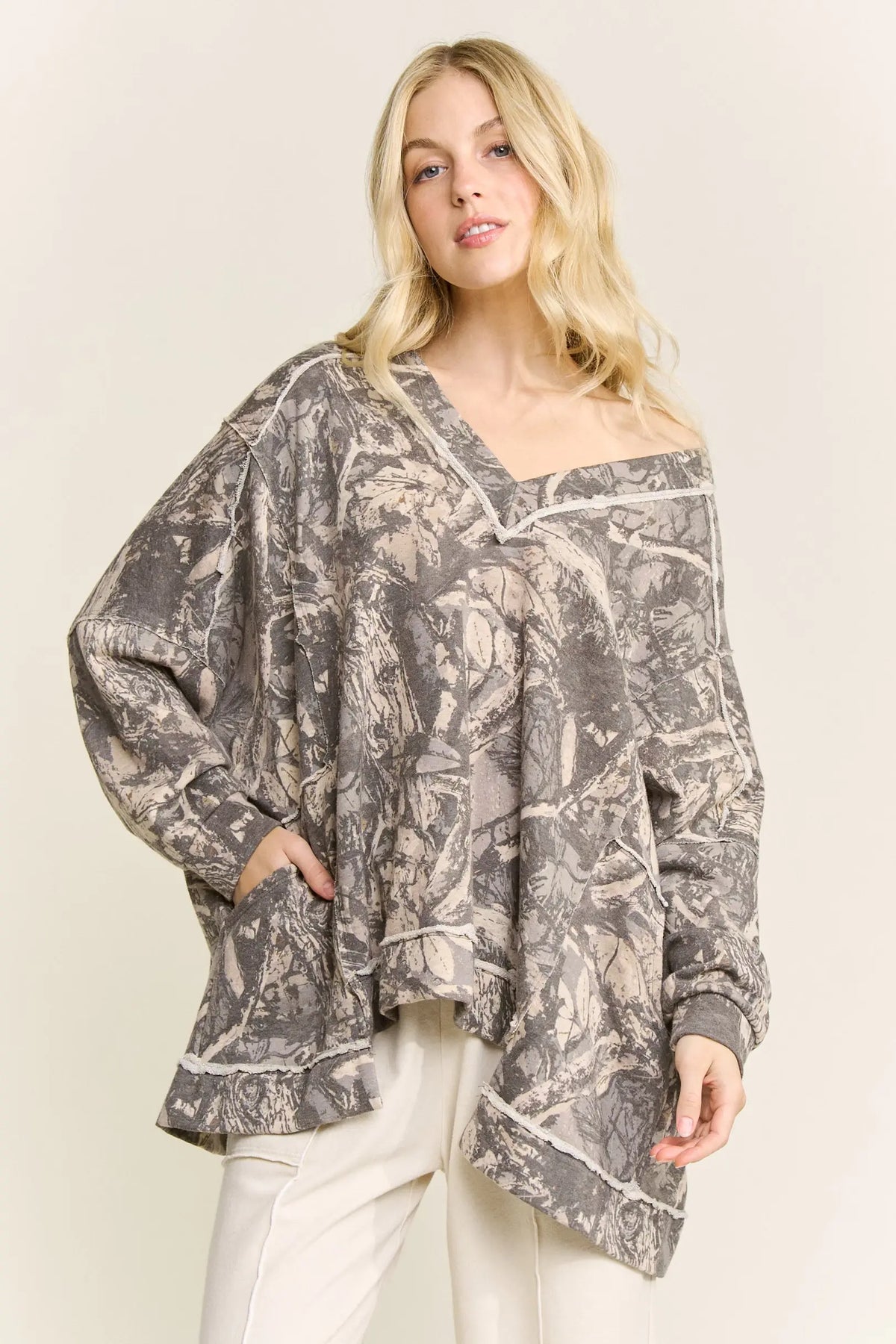 Washed Camo Deep V-Neck Terry Pullover