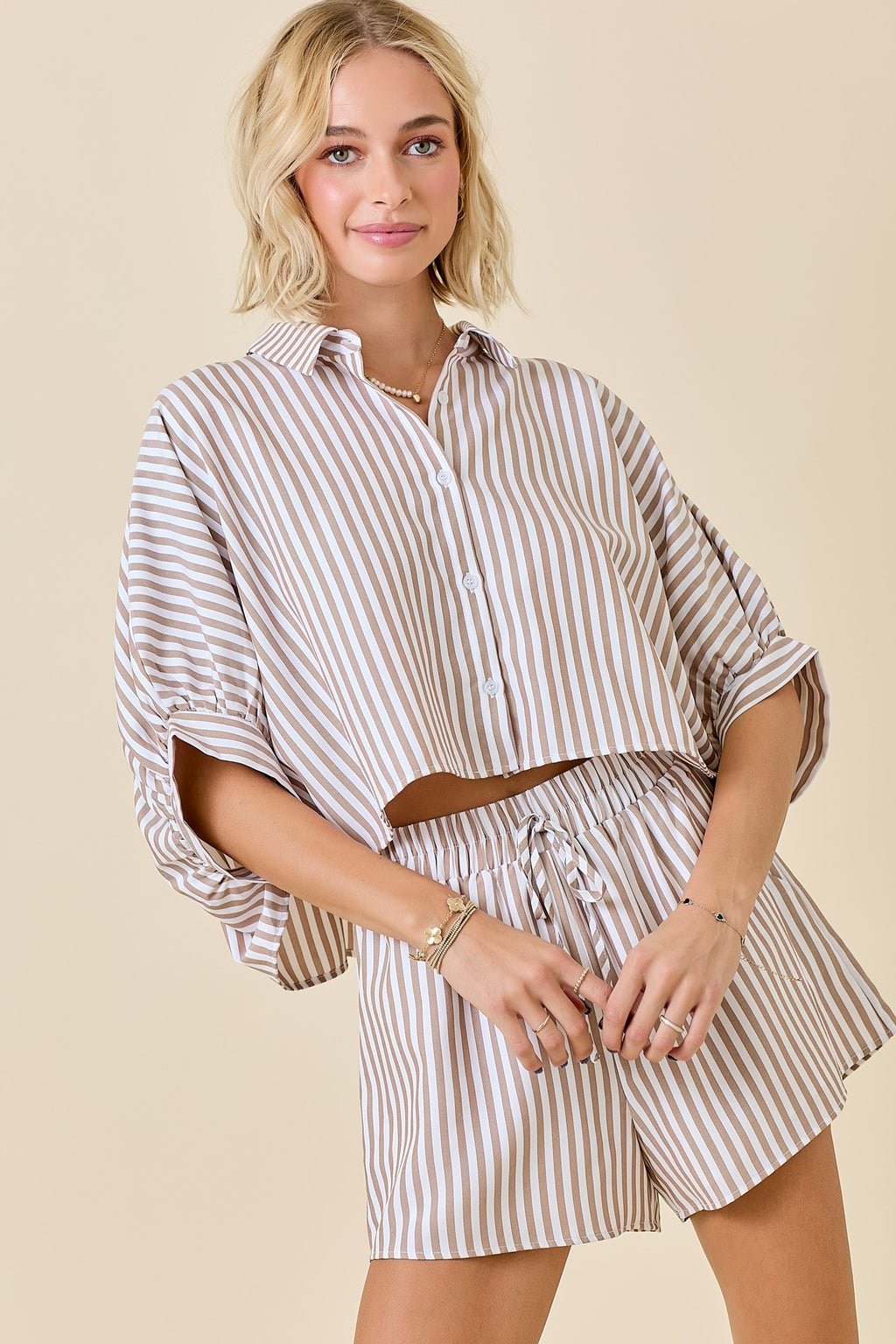 Striped Cropped Oversized Shirt W/ Matching Shorts