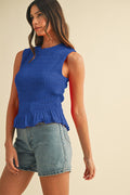 Blue Smocking Detail Ruffle Hem Knit Tank