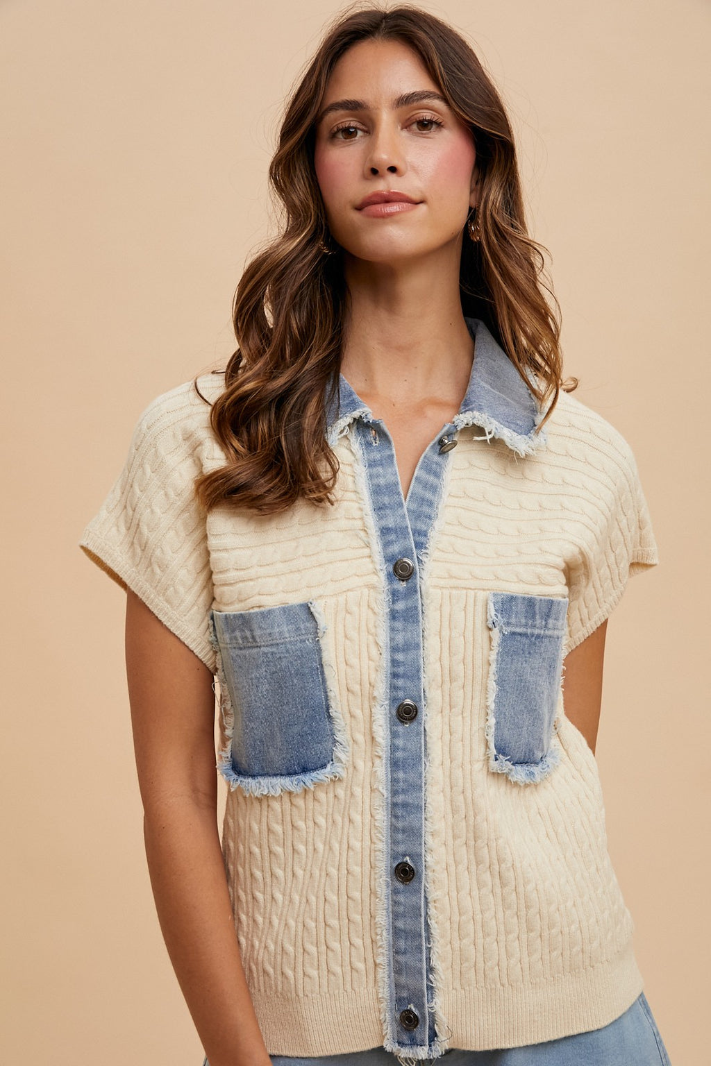 Denim Mixed Cable sweater jacket
