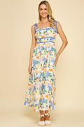 Print Self-tie Sleeve Maxi Dress
