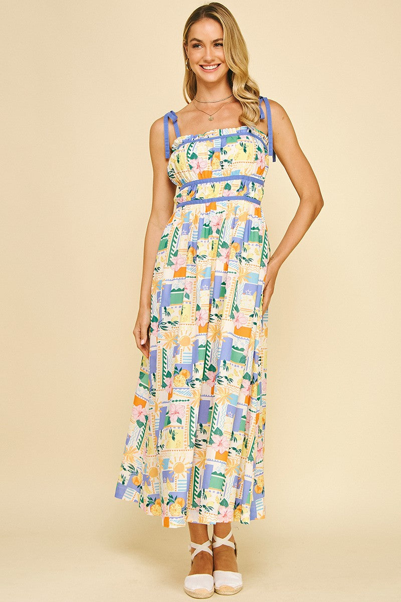 Print Self-tie Sleeve Maxi Dress