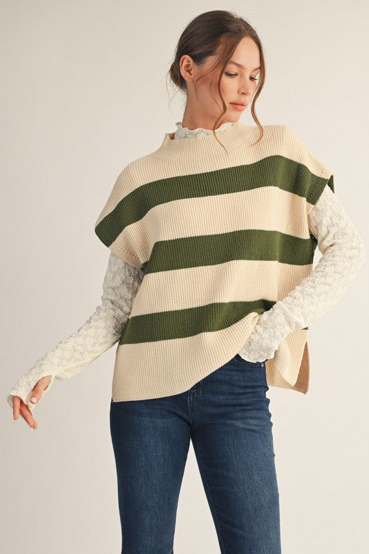 Olive Striped Print Slay Sleeves Knit Top