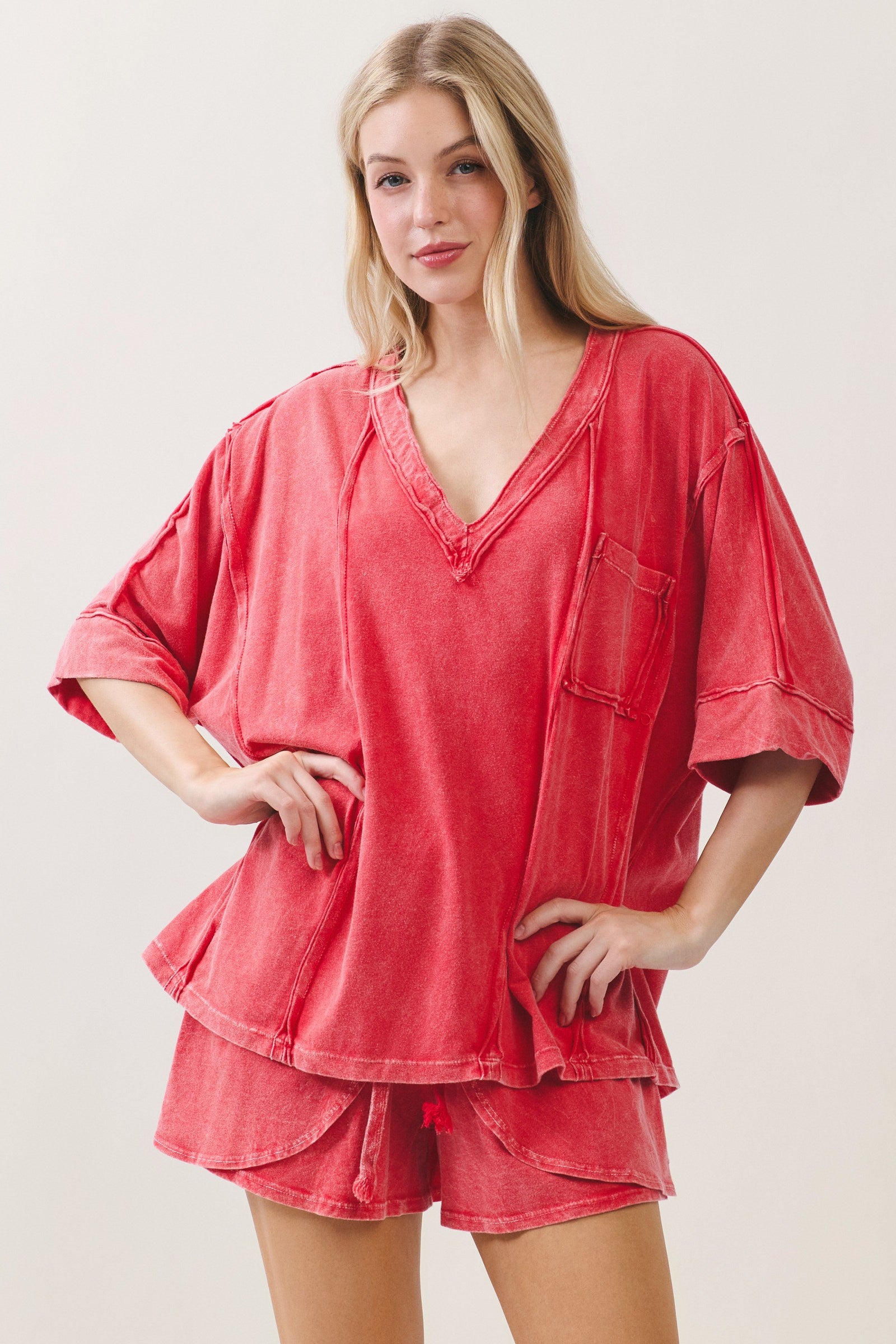 Mineral Wash Raw Detailed Vneck Top