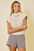 Ecru Sleeveless Cropped Turtleneck Knit Sweater Top
