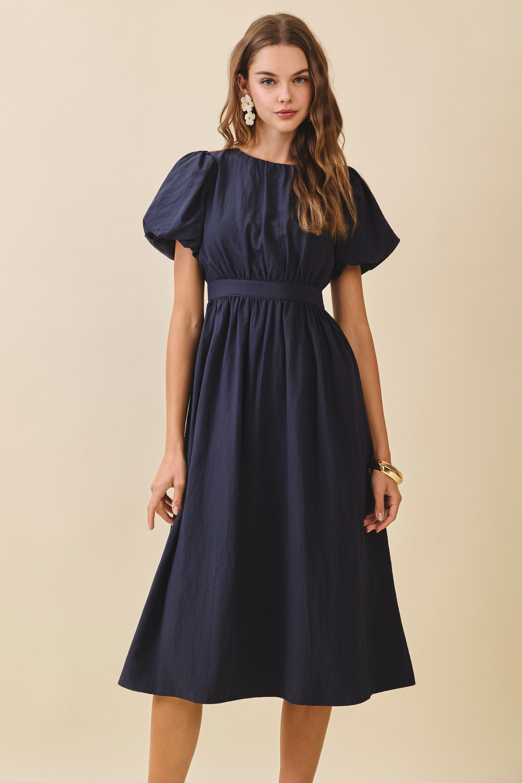 Voluminous Puff Sleeves Gathered Midi Dress