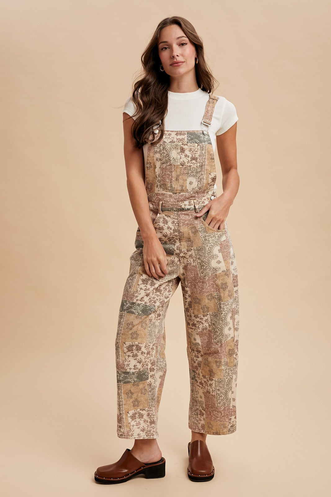 Washed Vintage Boho Print Twill Denim Overall