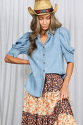 Short Puff Sleeve Chambray Shirt