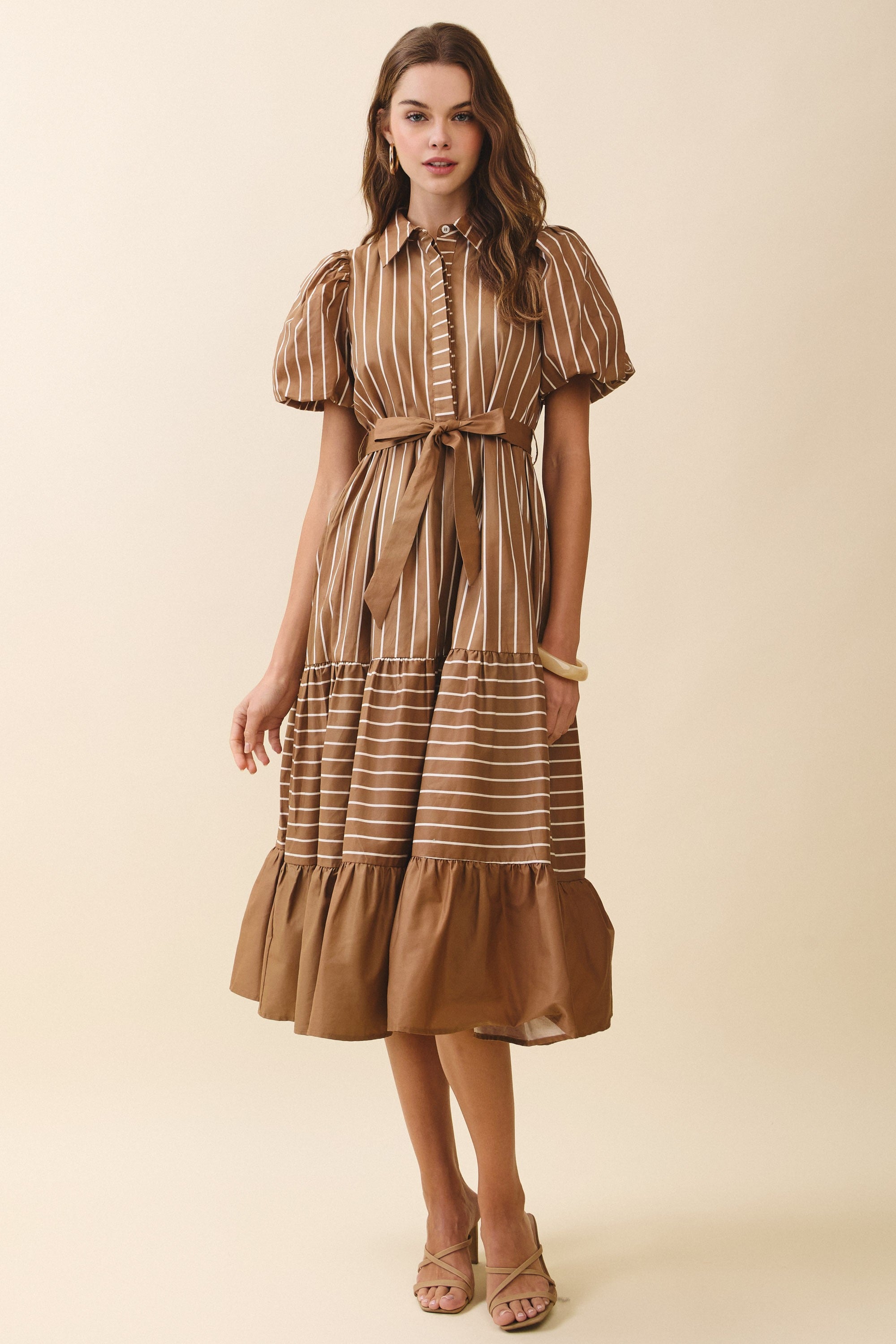 Striped Collared Neck Button Down Waist Belt Dress