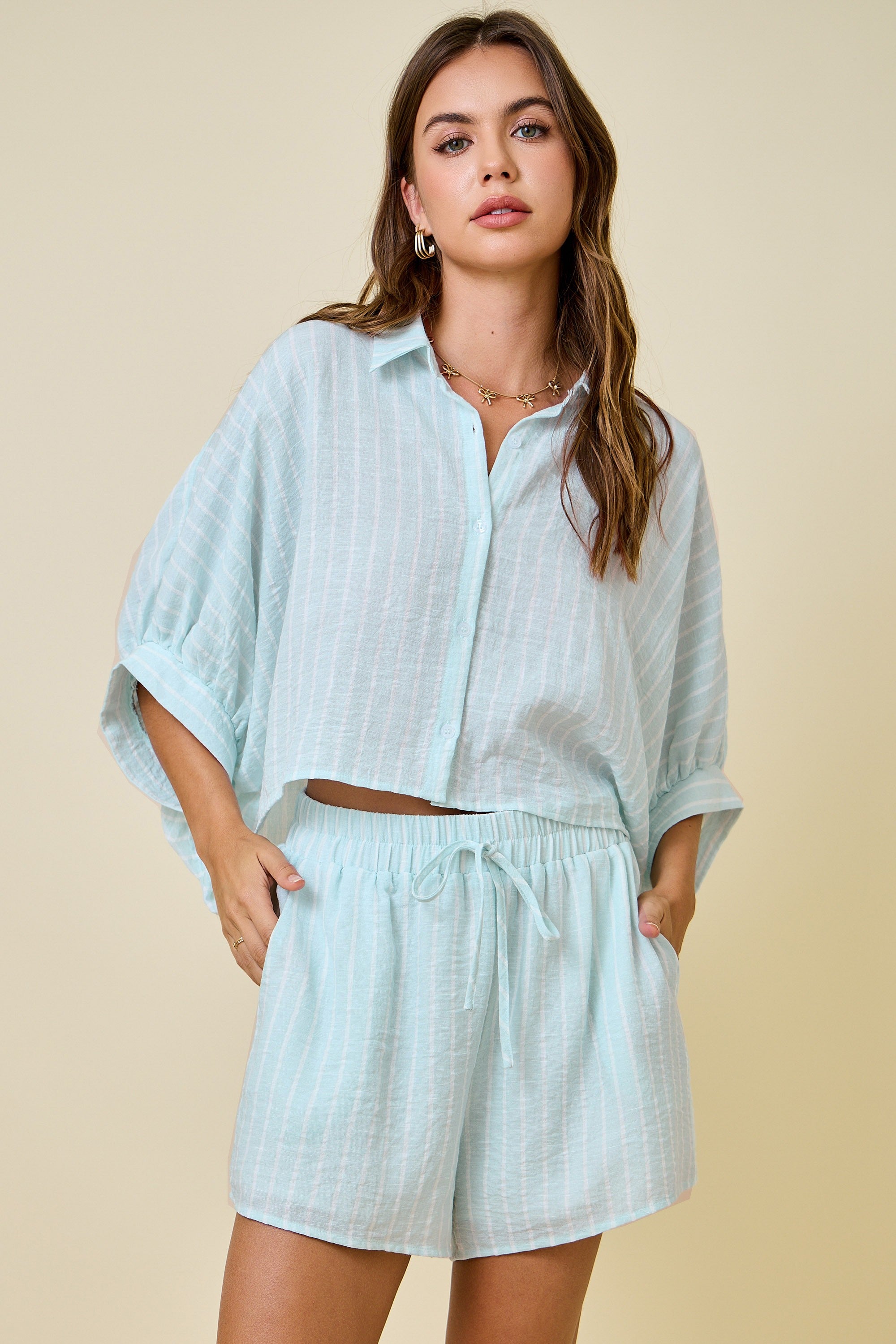 Striped Button Down Shirt And Matching Shorts Set