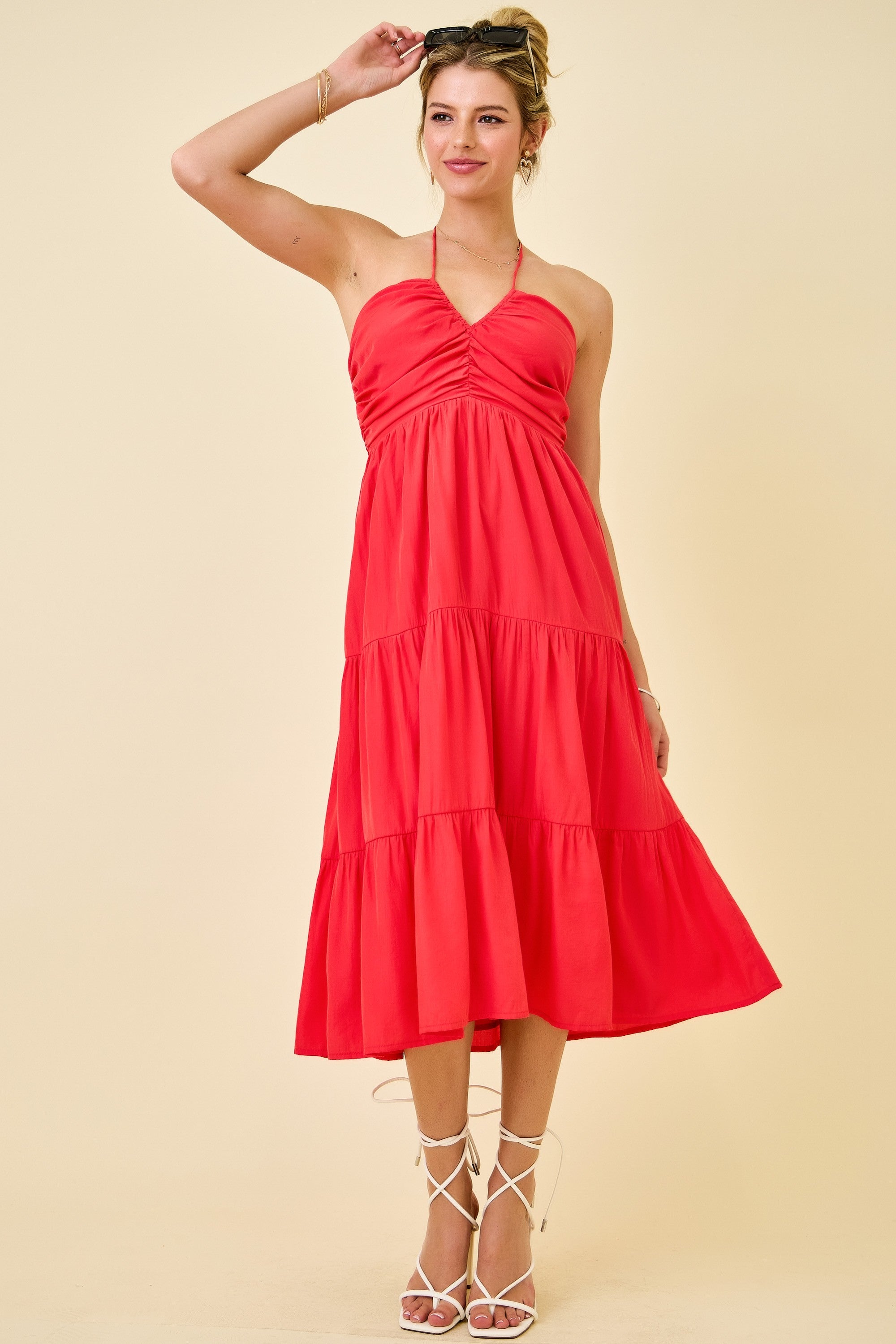 Halter Ruched V Notched Tiered Midi Dress