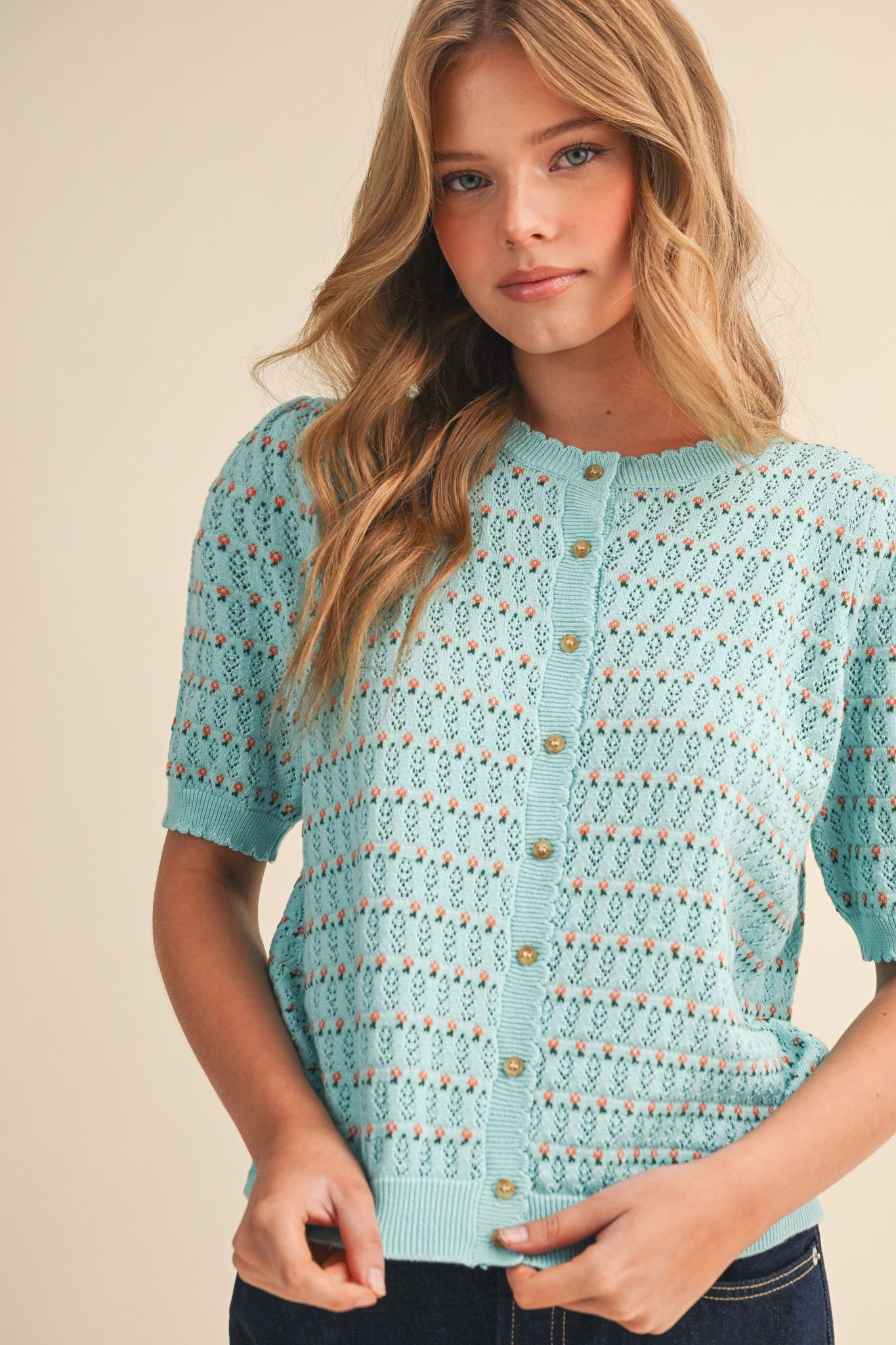 Pointelle Short Puff Sleeve Button Down Sweater
