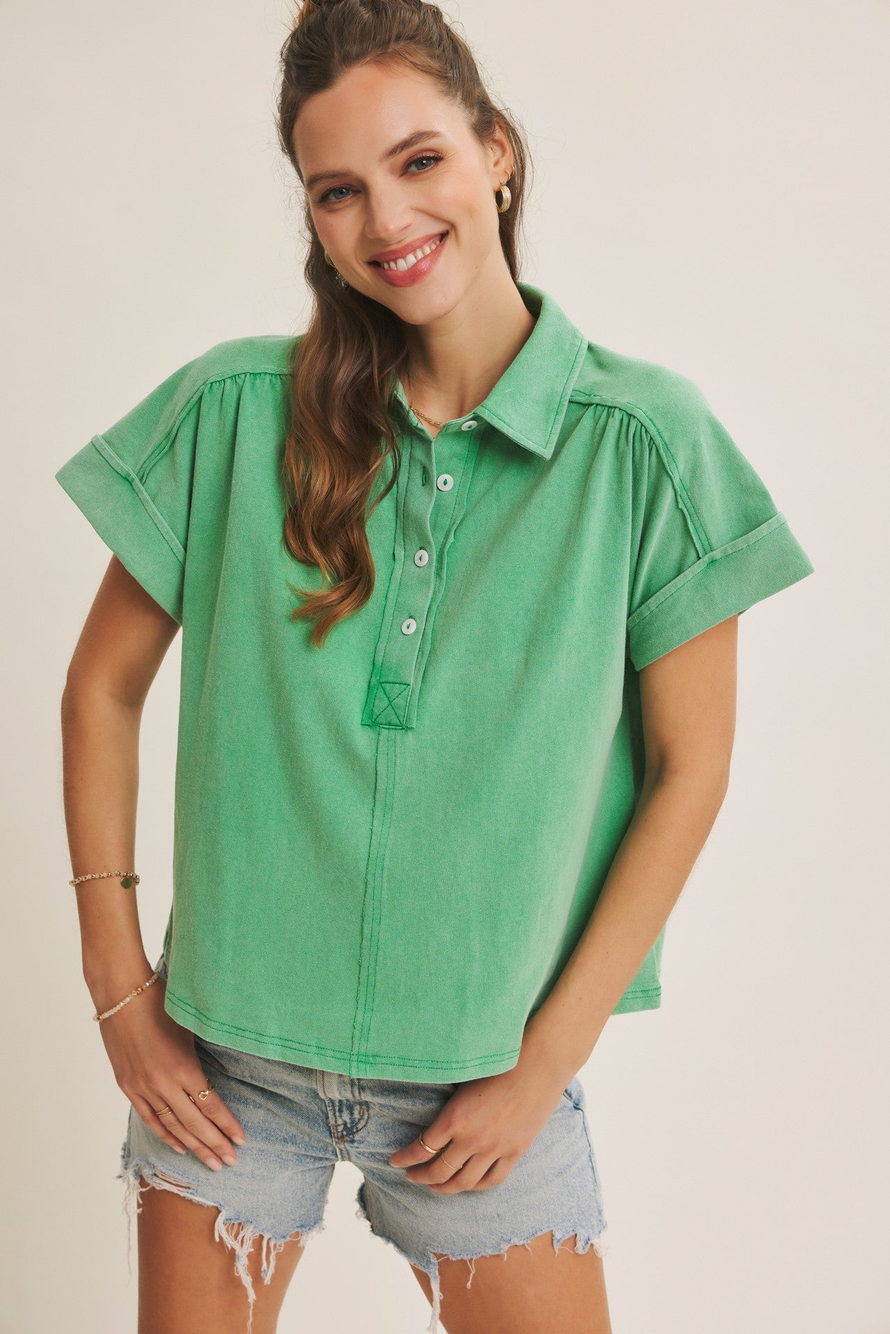 Mineral-washed Breathable Cotton Jersey Henley Top