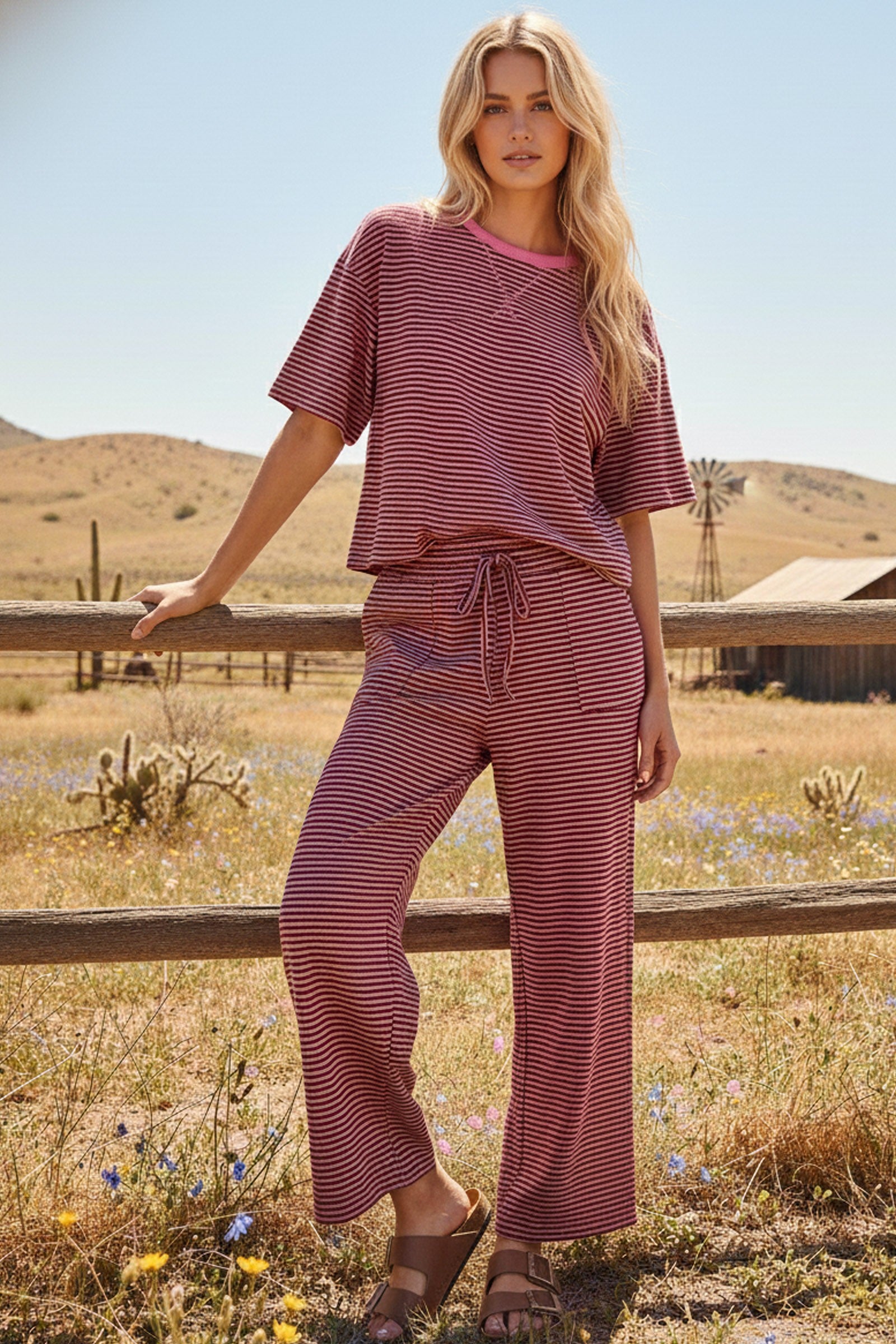 Pink/Brown Striped Knit Top and Pants Set