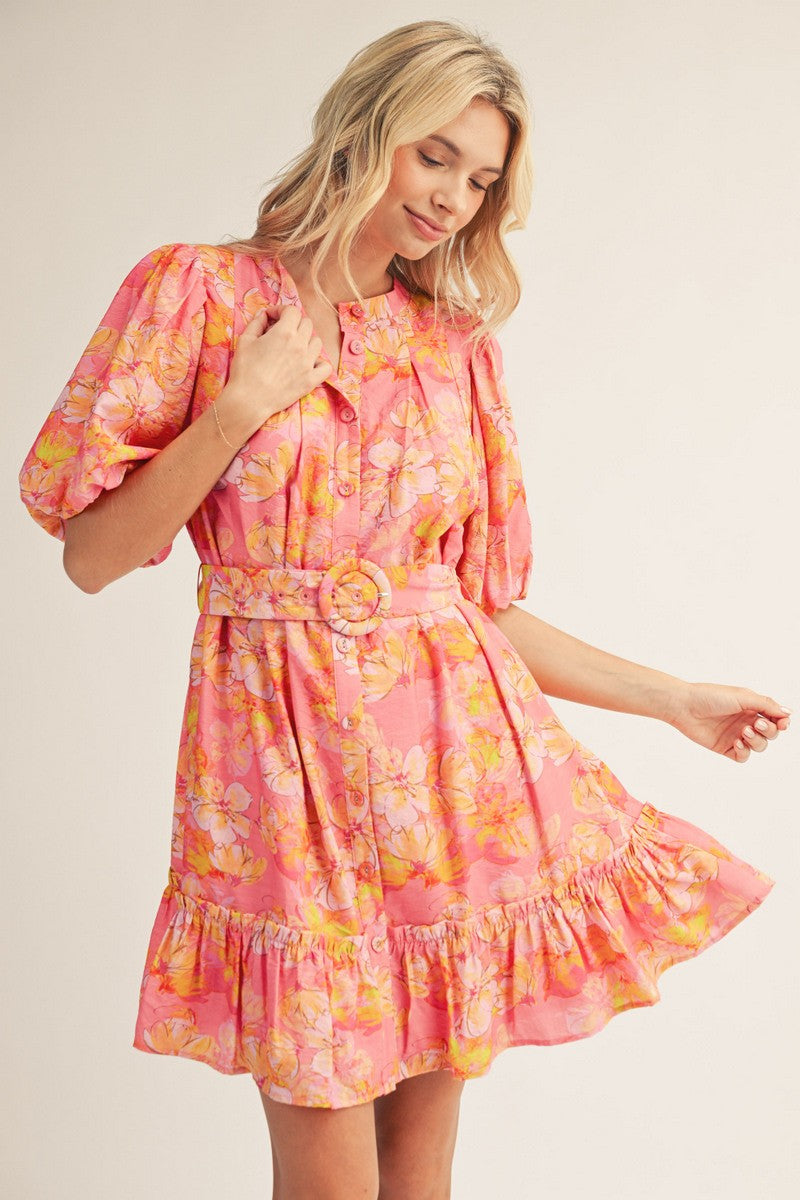 Button Down Belted Floral Dress