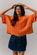 Orange Round Neck Short Sleeve Knit Sweater Top