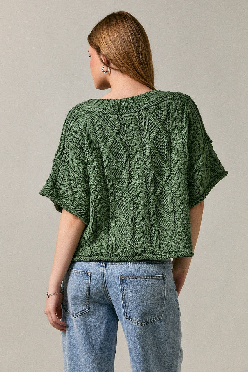 Olive Round Neck Short sleeve knit sweater